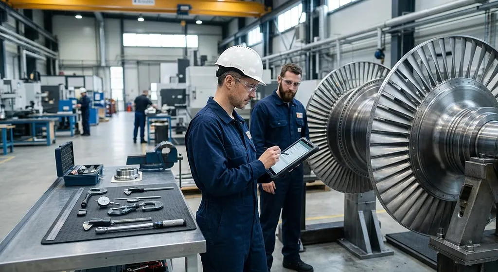 Engineers reviewing an inspection checklist beside a turbine rotor