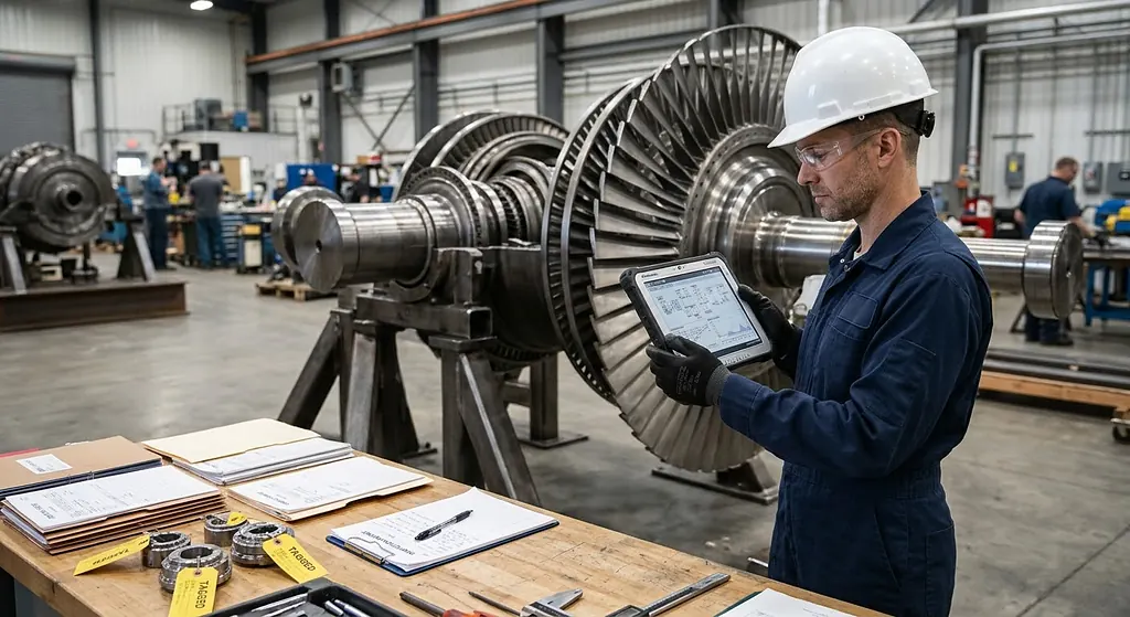 Engineer recording findings on a tablet next to a turbine rotor and tagged samples