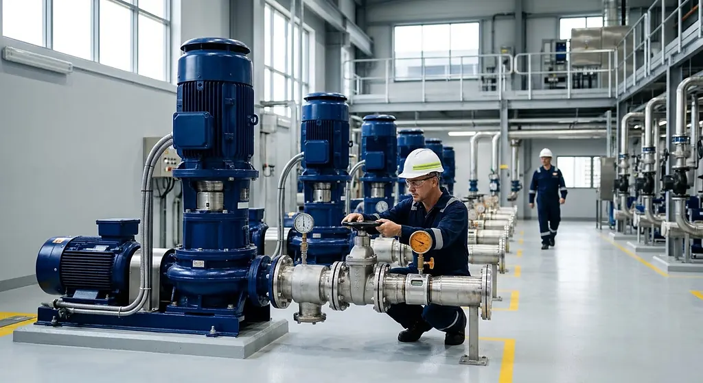 Engineer checking valves in a modern potable-water pump station